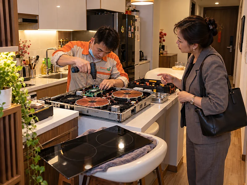 Thợ Bảo Trì Số 1 đo điện áp ổ cắm khi sửa bếp từ Cata tại Hà Nội