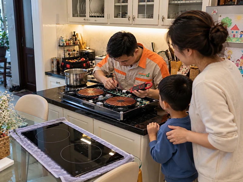 Thợ Bảo Trì Số 1 thử nồi bằng nam châm khi sửa bếp từ Goldsun