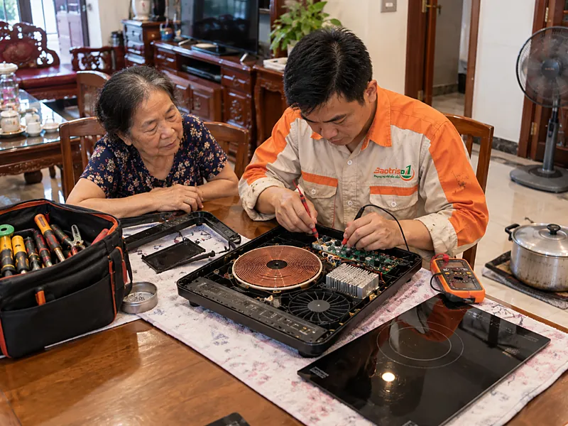 Thợ Bảo Trì Số 1 đo bo mạch khi sửa bếp từ đơn Junger tại nhà