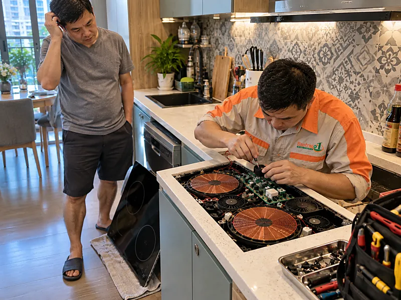 Thợ Bảo Trì Số 1 kiểm tra quạt khi sửa bếp từ Kitchmate kêu tít tít