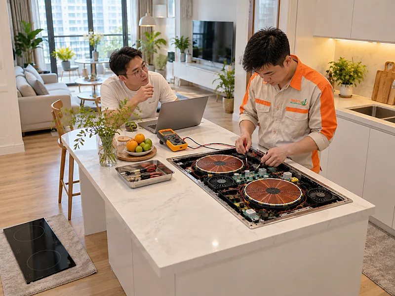 Thợ Bảo Trì Số 1 nhấc bếp khỏi mặt đá khi sửa bếp từ Malloca 4 vùng